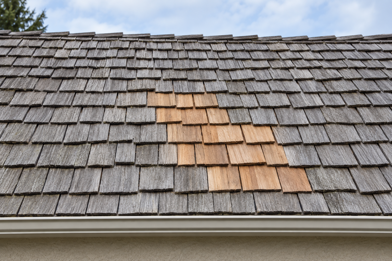 New cedar shakes set among weathered grey shakes on a roof slope