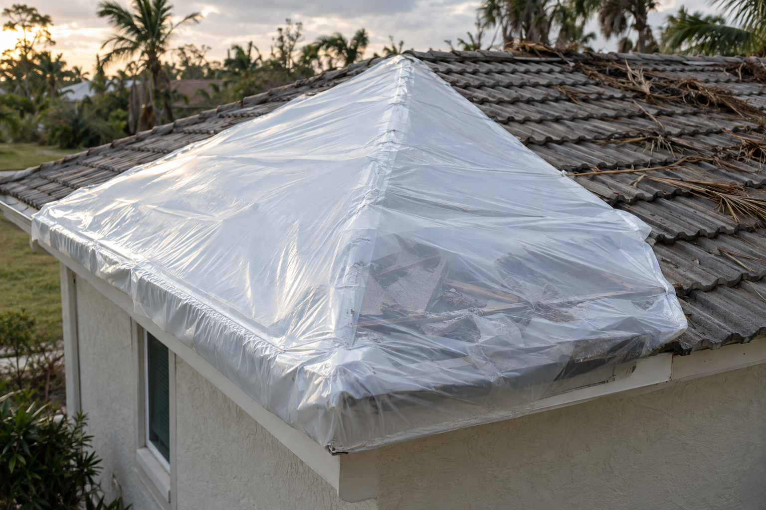 White shrink wrap sealed tight over a wind-damaged corner of a tile roof