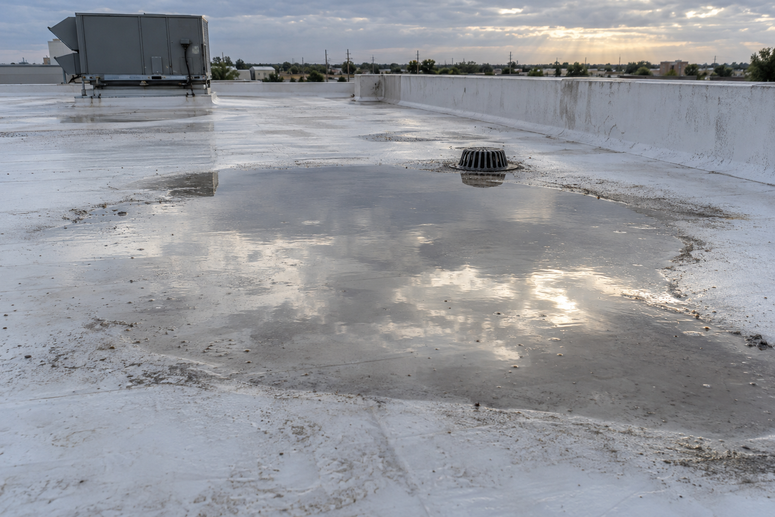 Rainwater ponding on a white membrane roof short of its drain
