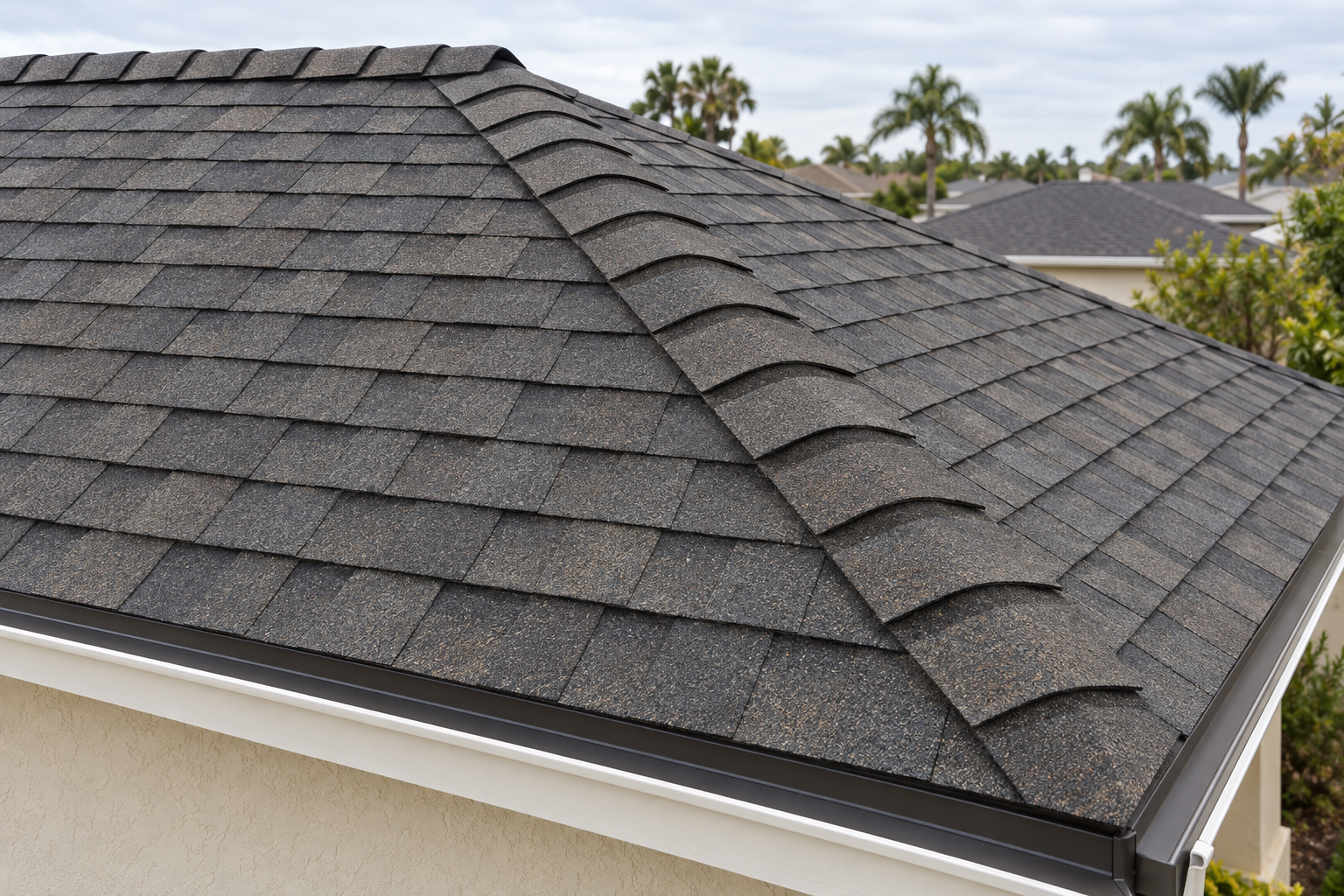 Finished architectural shingle roof seen from above, with straight courses and a capped ridge