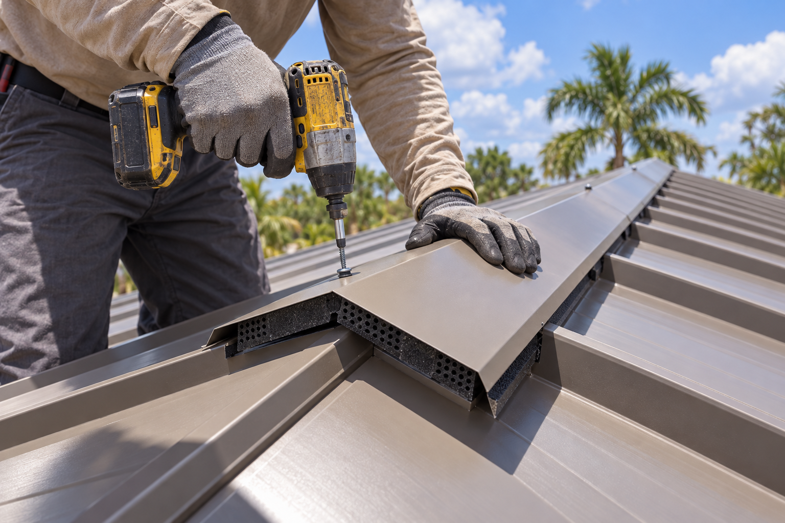Roofer fastening a vented ridge cap along the peak of a standing seam metal roof