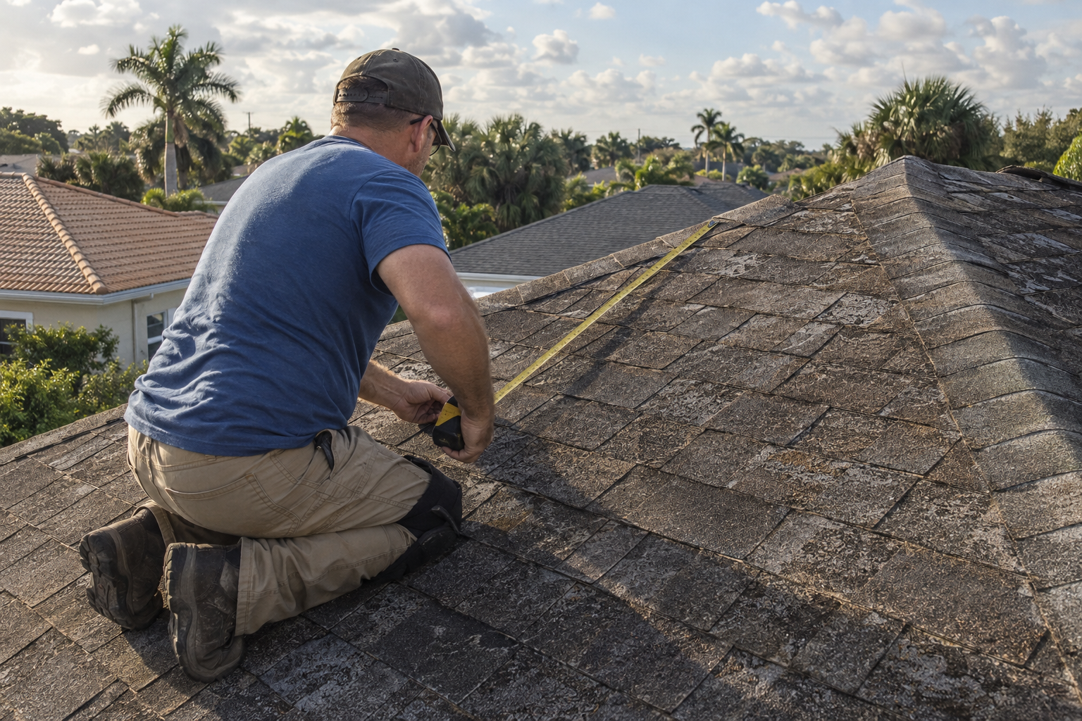 Roofer running a tape measure up an older shingle hip roof
