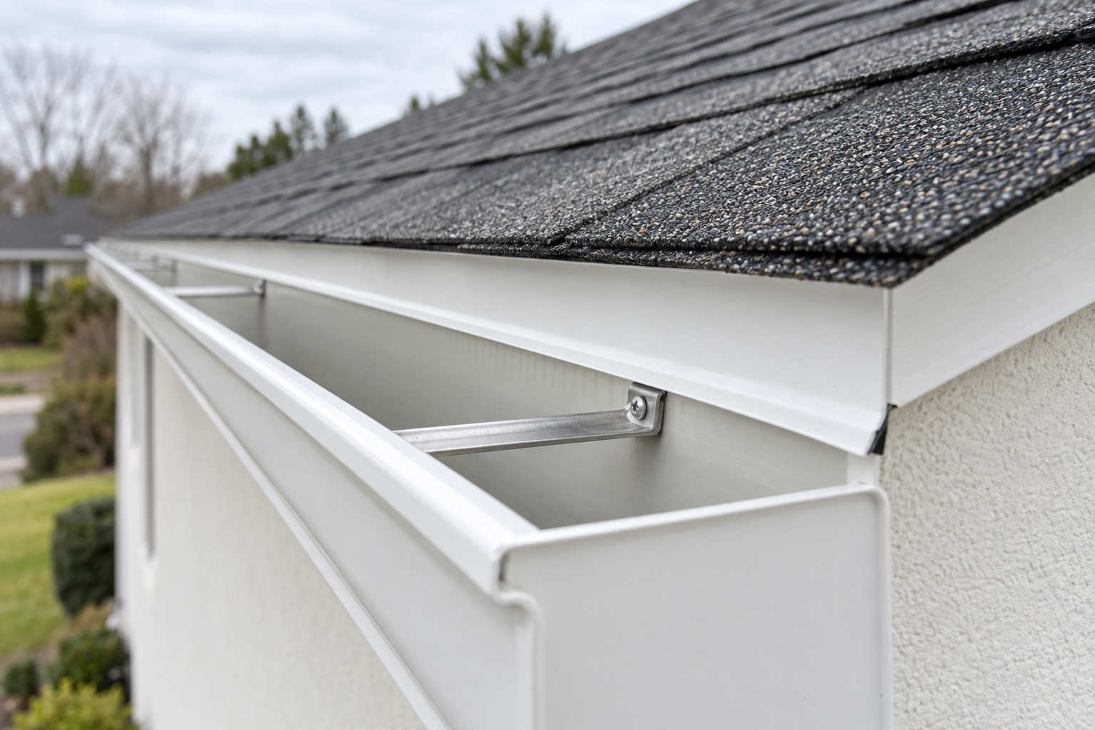 Drip edge and gutter along the eave of a finished shingle roof