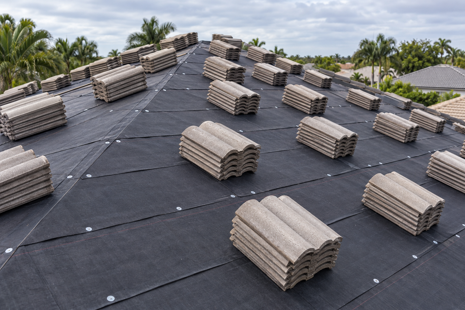 Stacks of concrete roof tile loaded along a roof over new underlayment