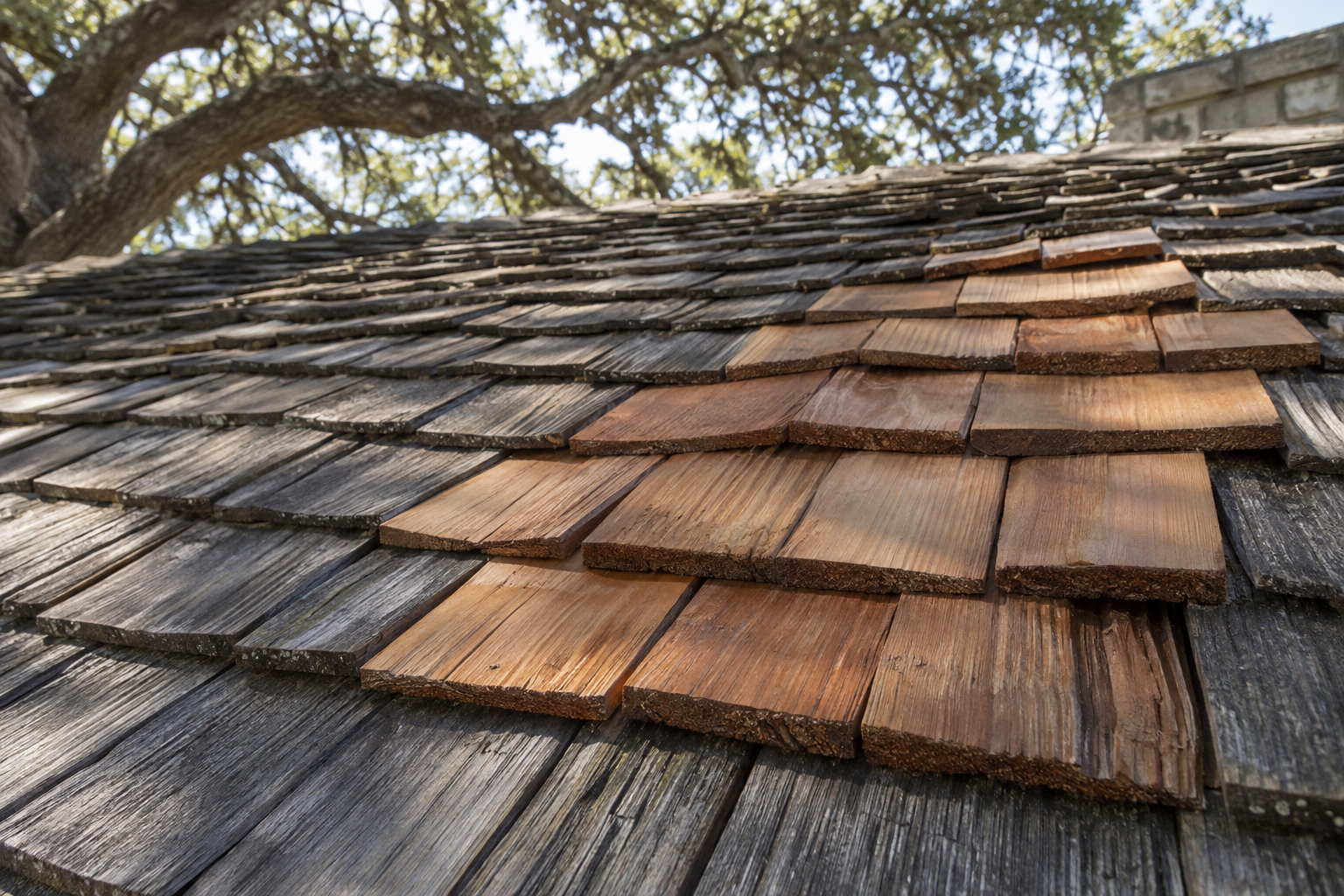 New cedar shakes set among weathered grey ones on a roof slope