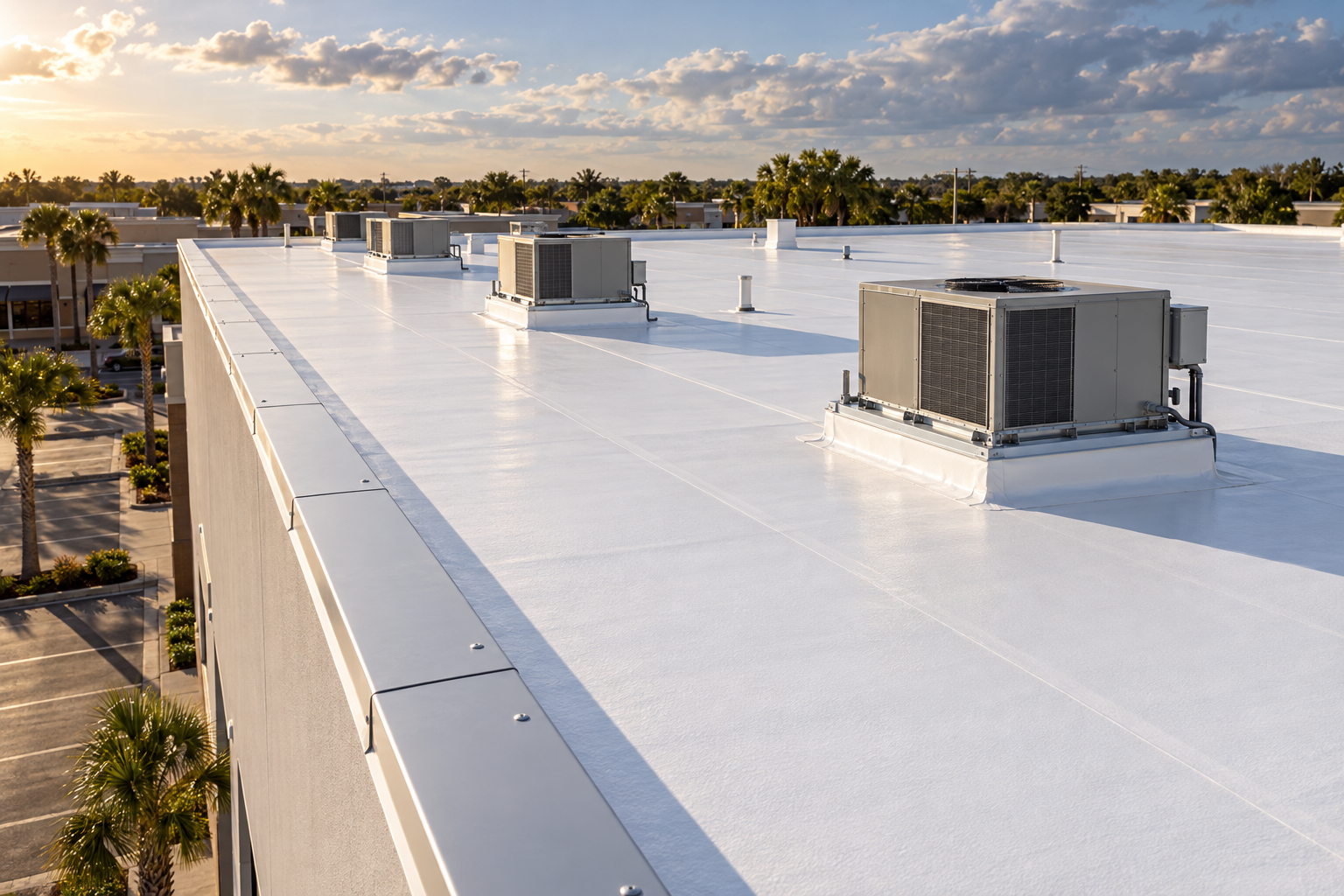 White membrane roof on a one-story commercial building with rooftop air handlers and new coping