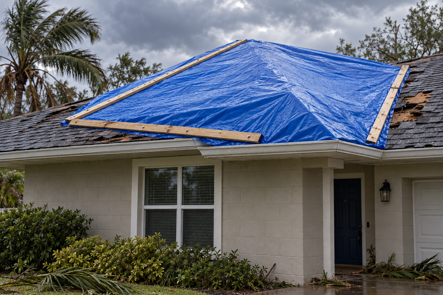 Blue tarp battened down over an opened section of a hip roof after a storm
