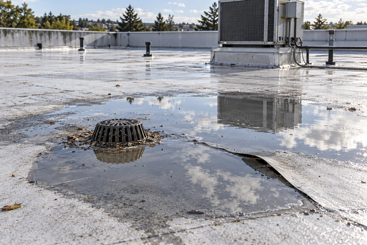 Standing water around a drain and a lifted seam on a white membrane roof