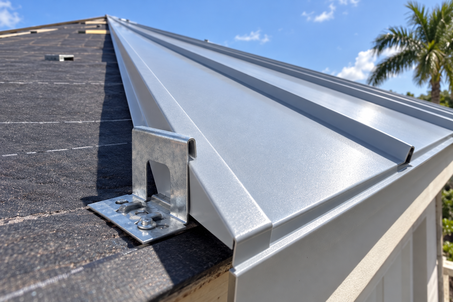 Standing seam metal roof panels being clipped to the deck on a low hip roof