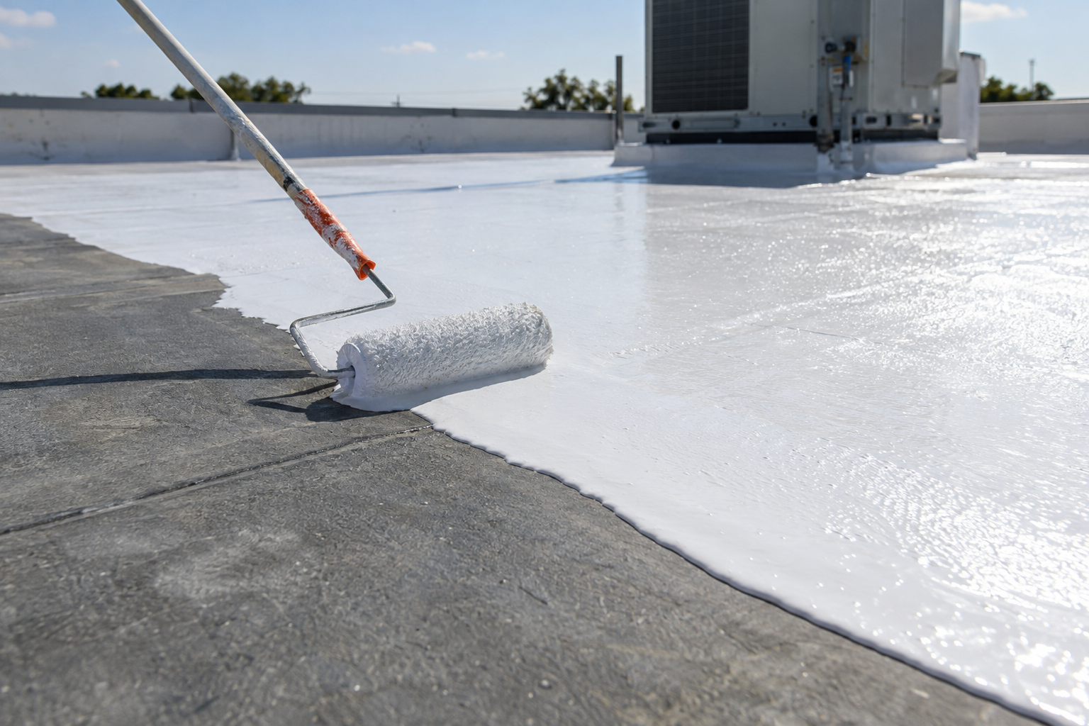 Roller laying white elastomeric coating across a grey low-slope membrane roof