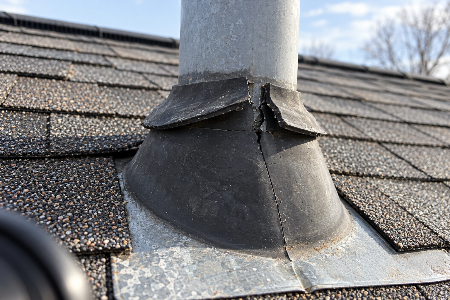 Cracked rubber plumbing vent boot and its flashing on a shingle roof