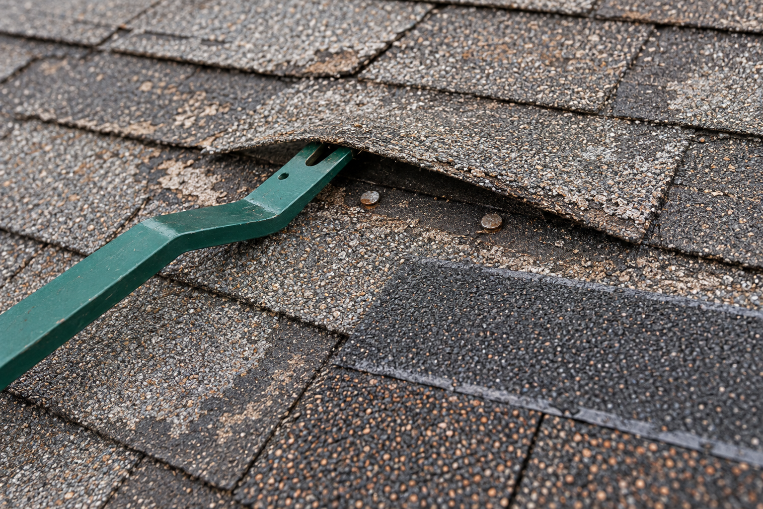 Flat pry bar lifting a worn shingle tab to expose the nails beneath