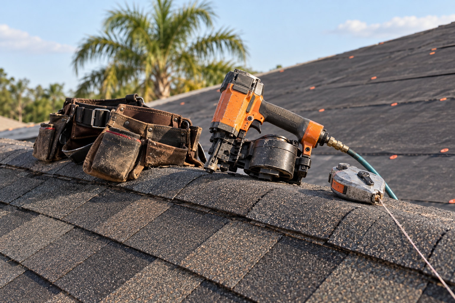 Roofing nail gun, tool belt and chalk line resting on the ridge of a half-finished shingle roof
