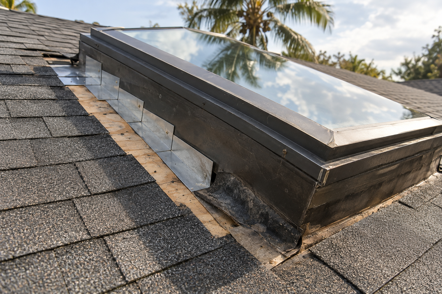 Skylight curb on a shingle roof with new step flashing partly set along one side