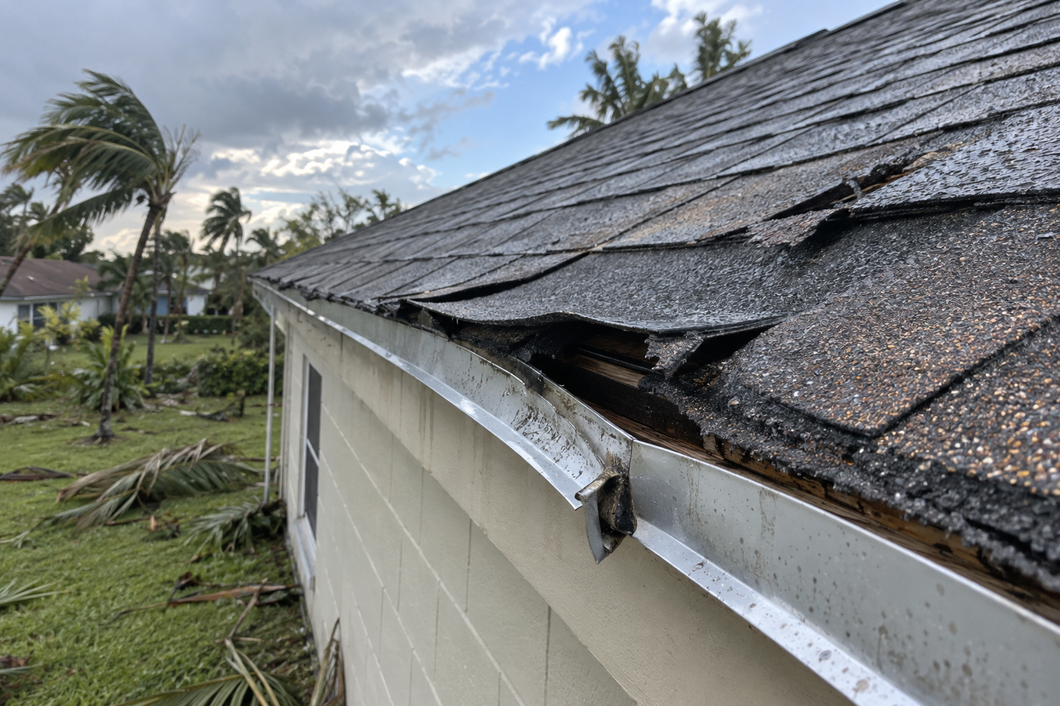 Wind-lifted shingles and a bent drip edge along a roof eave after a storm