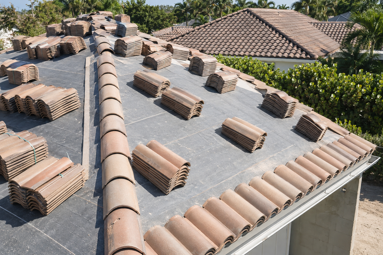 Stacks of concrete barrel tiles staged across a roof on fresh underlayment