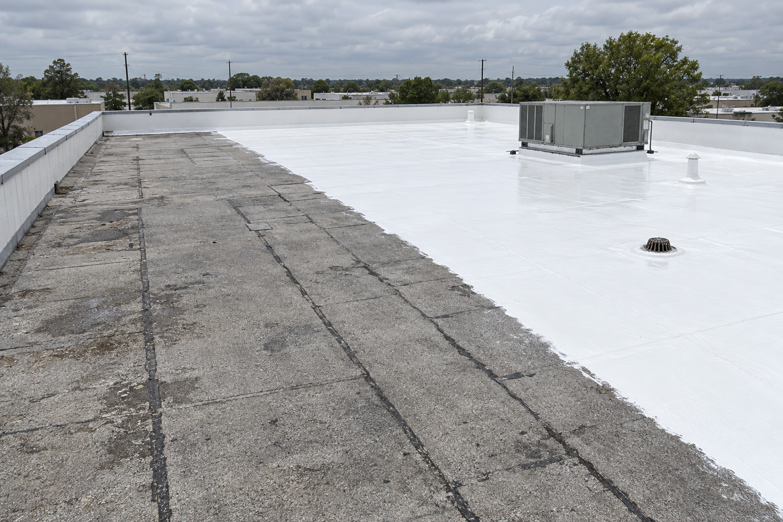 Flat membrane roof half covered in fresh white coating beside the old grey surface