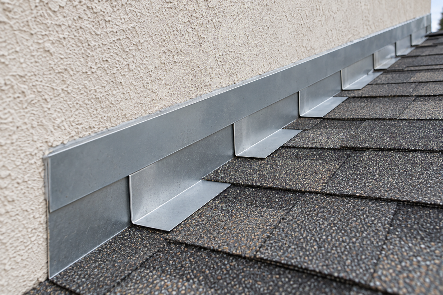 New step flashing set along a stucco wall where it meets a shingle roof