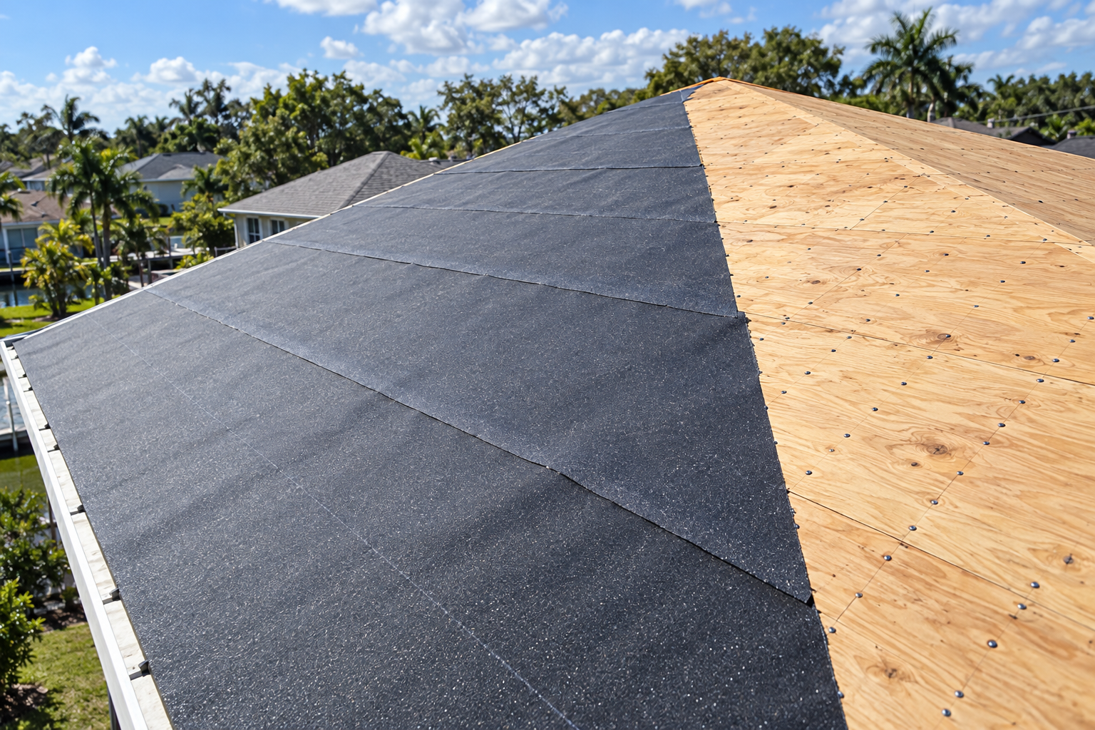 Stripped plywood roof deck half covered with self-adhered underlayment, seen from the ridge