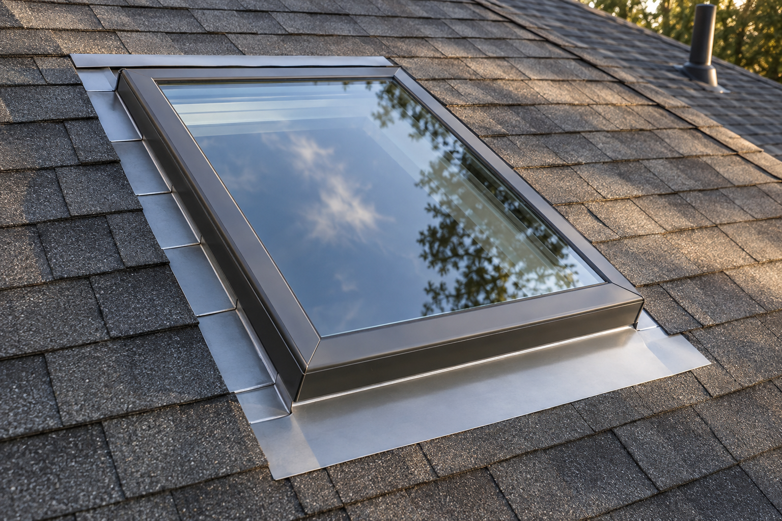 A skylight on a shingle roof with new head, step and apron flashing around its curb