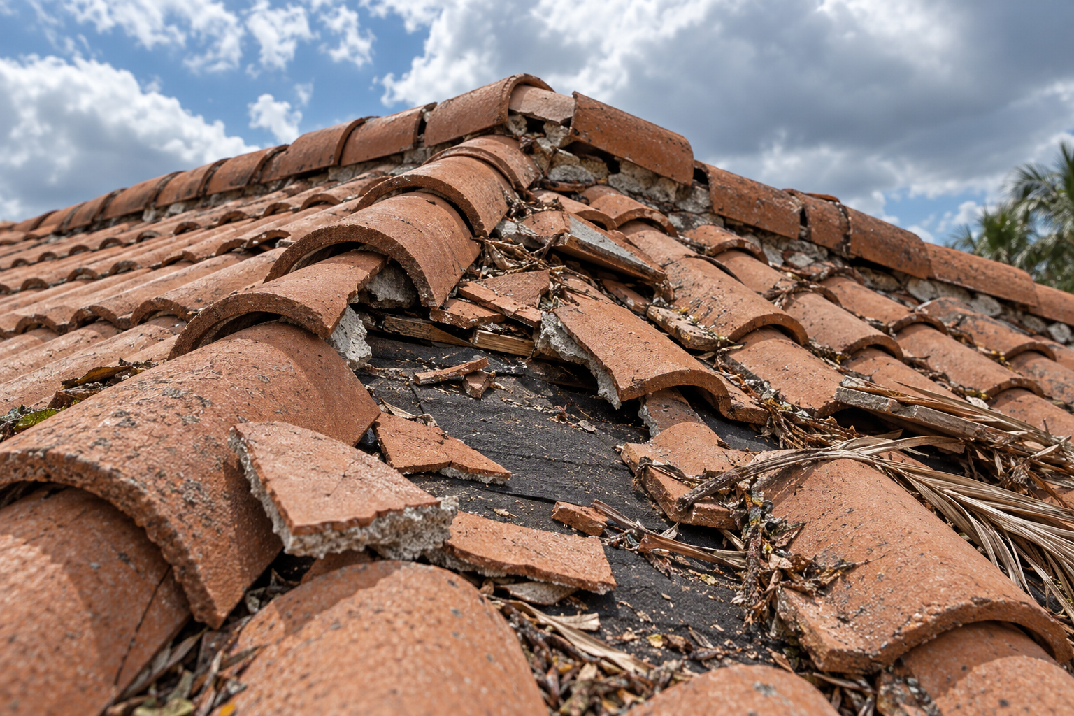 Broken concrete barrel tiles and displaced ridge cap tiles on a roof after high wind