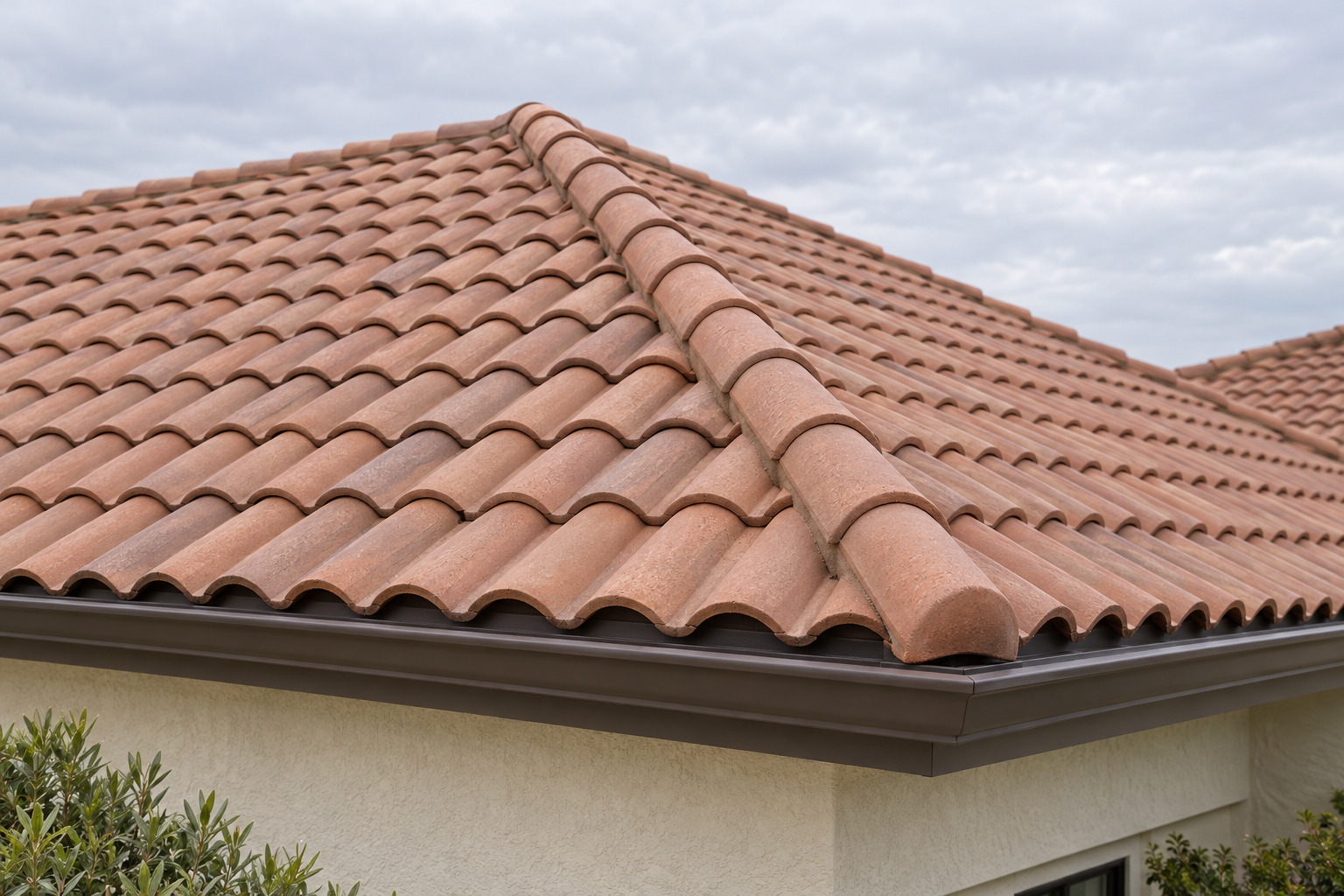 Finished concrete barrel tile roof with capped hip line on a stucco house